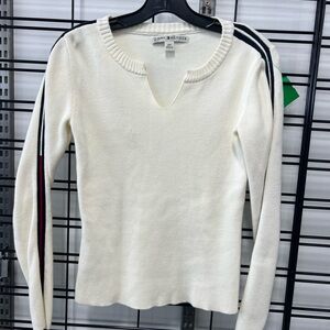 Tommy Hilfiger Women's V-Neck Cream Sweater with Stripe Detail